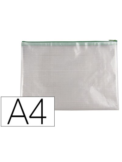 Bolsa multiusos q-connect malla din a4 apertura superiorcon cremallera verde