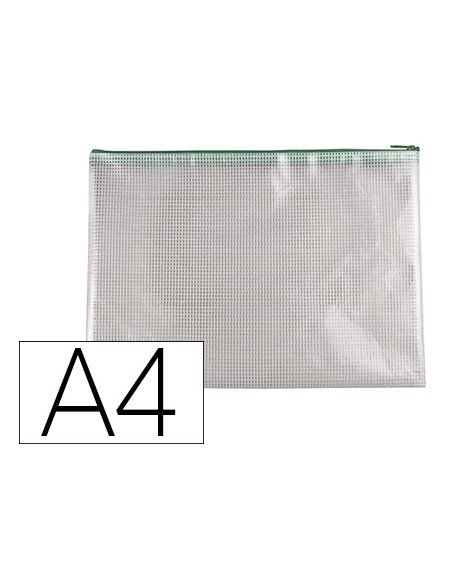 Bolsa multiusos q-connect malla din a4 apertura superiorcon cremallera verde