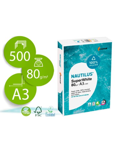 Papel fotocopiadora nautilus superwhite 100% reciclado din a3 80 gramos paquete de 500 hojas