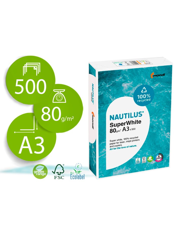Papel fotocopiadora nautilus superwhite 100% reciclado din a3 80 gramos paquete de 500 hojas Papel fotocopiadora nautilus superwhite 100% reciclado din a3 80 gramos paquete de 500 hojas