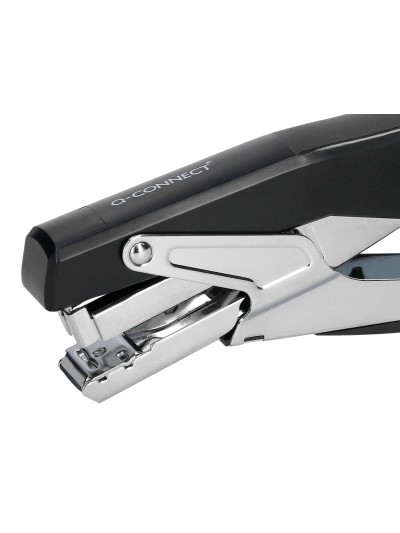 Grapadora q-connect metalizada y negra de tenaza tacto suave capacidad 25 hojas usa grapas 24/6 y 26/6