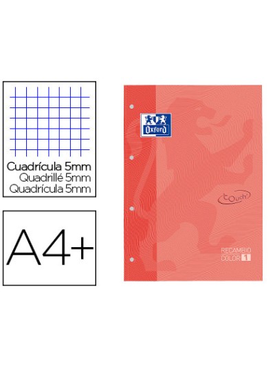 Recambio color 1 oxford din a4+ 80 hojas 90 gr cuadricula 5 mm tapa blanda 4 taladros coral touch