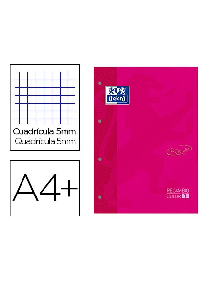 Recambio color 1 oxford din a4+ 80 hojas 90 gr cuadricula 5 mm tapa blanda 4 taladros fucsia touch