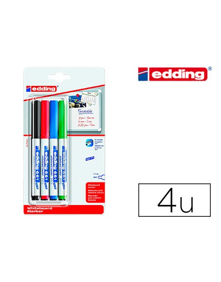 Rotulador edding para pizarra blanca 661 punta redonda 1-2 mm blister de 4 unidades colores surtidas