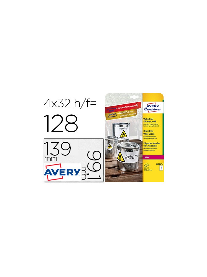 Etiqueta adhesiva resistente avery poliester blanco 99,1x139 mm para impresora laser pack de 32 unidades Etiqueta adhesiva resistente avery poliester blanco 99,1x139 mm para impresora laser pack de 32 unidades