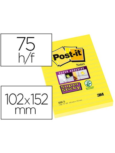 Bloc de notas adhesivas quita y pon post-it super sticky rayado amarillo ultra 102x152 mm