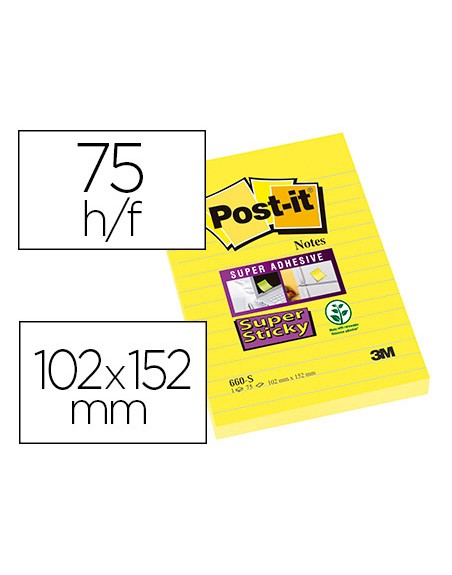 Bloc de notas adhesivas quita y pon post-it super sticky rayado amarillo ultra 102x152 mm