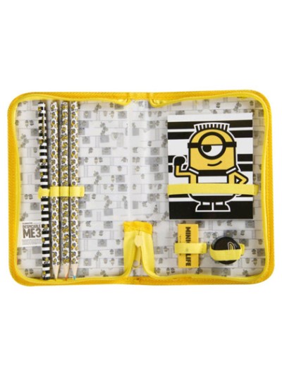 Bolso portatodo con cremallera minions con libreta goma sacapuntas y lapices colores