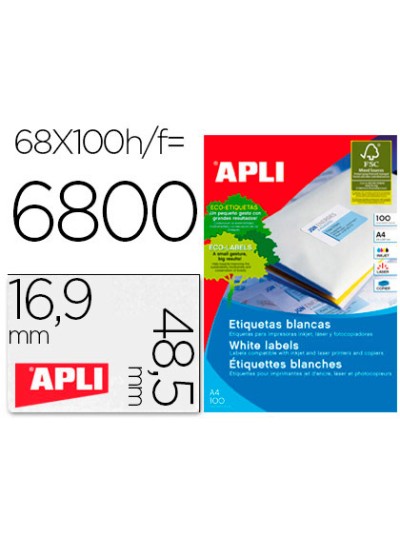 Etiquetas adhesivas apli 01282 tamaño 48,5x16,9 mm para fotocopiadora laser ink-jet caja de 100h dina4 6800 etiqu