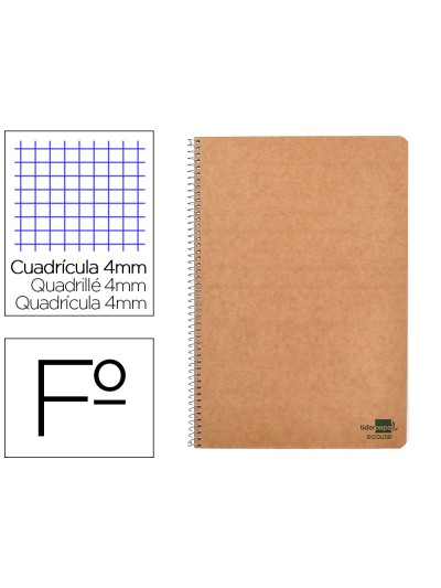 Cuaderno espiral liderpapel din a4 ecouse tapa cartulina kraft 80h papel reciclado 80 gr cuadro 4 mm con margen