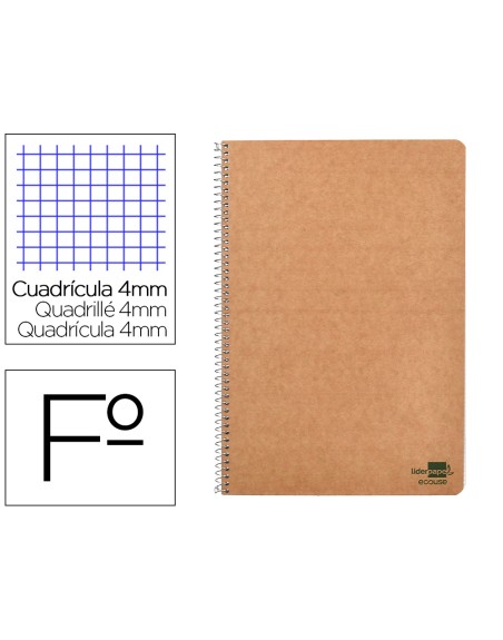 Cuaderno espiral liderpapel din a4 ecouse tapa cartulina kraft 80h papel reciclado 80 gr cuadro 4 mm con margen