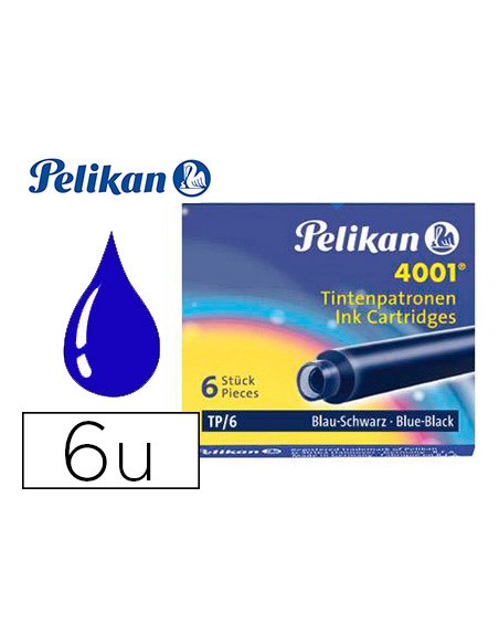 Tinta estilografica pelikan tp6 azul/negro caja de 6 cartuchos