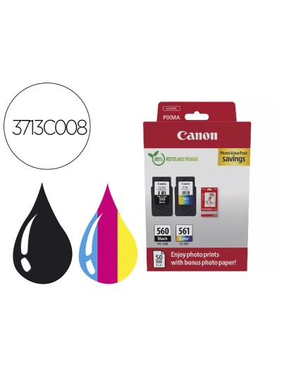 Ink-jet canon photo value pack pg-560 + cl561 + 50 hojas papel foto glossy 10x15 cm