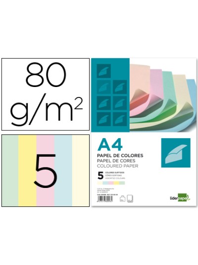 Papel color liderpapel a4 80gr 5 colores surtidos paquete de 500 hojas