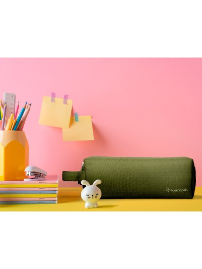 Estuche portatodo liderpapel classic rectangular con asa 2 cremalleras 210 x80mm verde militar