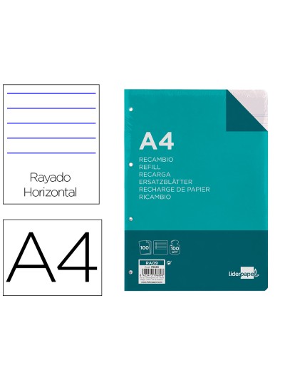 Recambio liderpapel a4 100 hojas 100 g/m2 rayado horizontal con margen 4 taladros