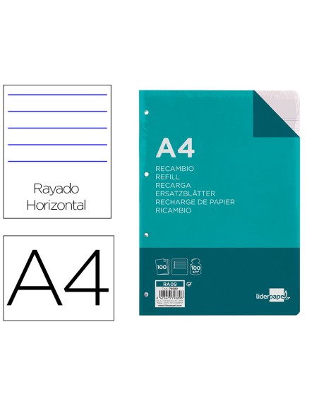 Recambio liderpapel a4 100 hojas 100 g/m2 rayado horizontal con margen 4 taladros