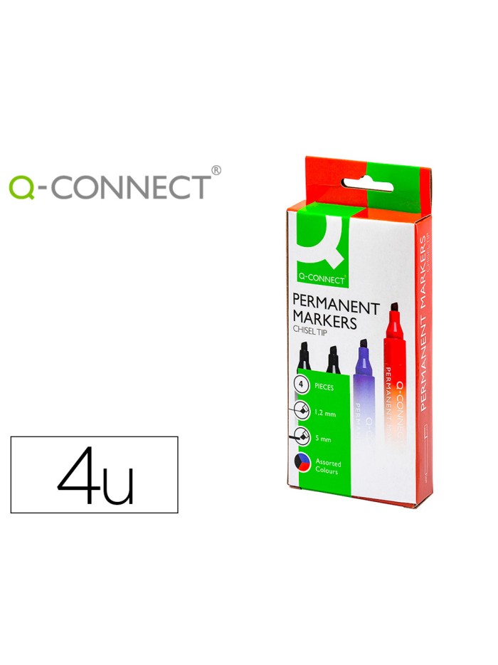 Rotulador q-connect marcador permanente estuche de 4 colores surtidos punta biselada 5 mm Rotulador q-connect marcador permanente estuche de 4 colores surtidos punta biselada 5 mm