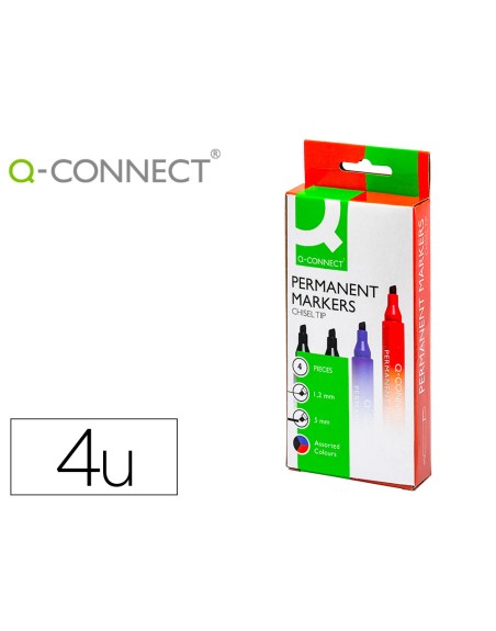 Rotulador q-connect marcador permanente estuche de 4 colores surtidos punta biselada 5 mm