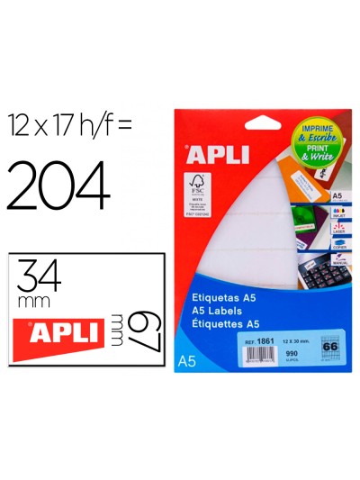 Etiqueta adhesiva apli blanca 12x30 mm sobre a5 de 990 unidades