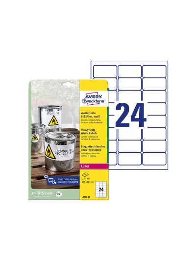 Etiqueta adhesiva resistente avery poliester blanco 3,9 mm 63,5x33,9 mm laser pack de 480unidades