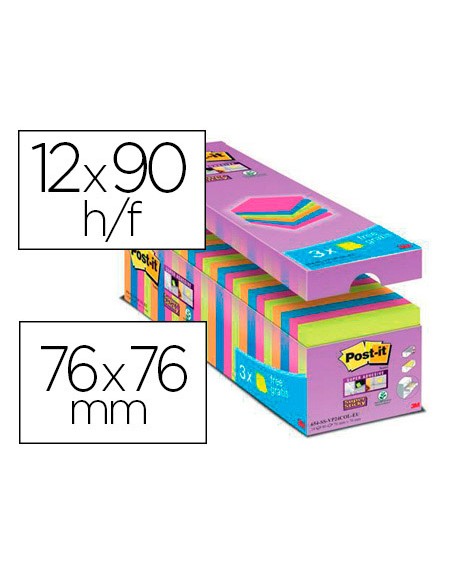 Bloc de notas adhesiva quita y pon post-it super sticky 76x76 mm 90 hojas colores surtidos pack de 21 + 3