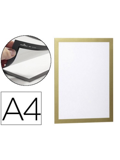 Marco porta anuncios durable magnetico din a4 dorso adhesivo removible color oro pack de 2 unidades