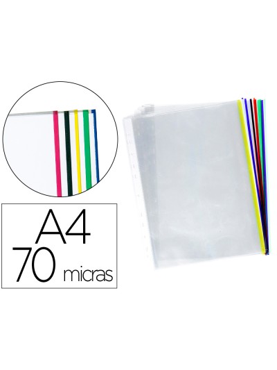 Funda multitaladro q-connect din a4 70 mc cristal con borde colores surtidos bolsa de 25 unidades