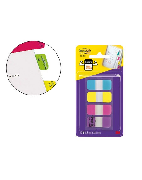 Banderitas separadoras rigidas dispensador 4 colores amarillo azul rosa y violeta post-it index 676-aypv-eu