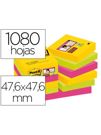 Bloc de notas adhesivas quita y pon post-it super sticky 47,6x47,6 mm con 90 hojas pack de 12 bloc colores