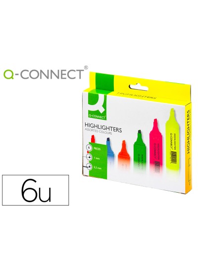 Rotulador q-connect fluorescente punta biselada caja de 6 unidades colores surtidos