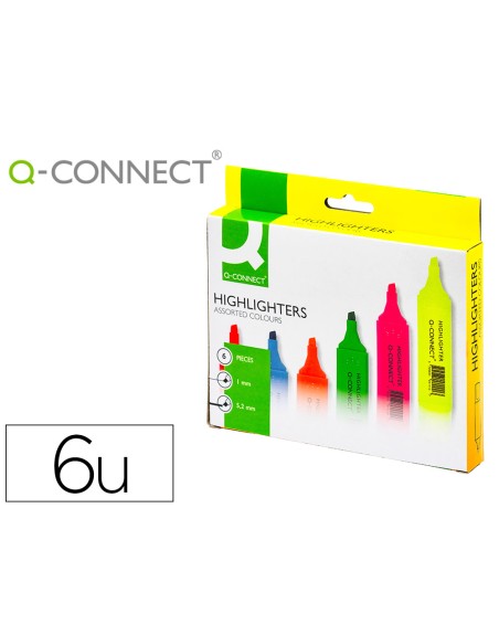 Rotulador q-connect fluorescente punta biselada caja de 6 unidades colores surtidos