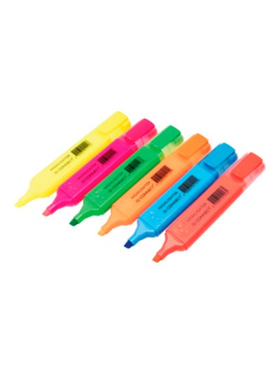 Rotulador q-connect fluorescente punta biselada caja de 6 unidades colores surtidos