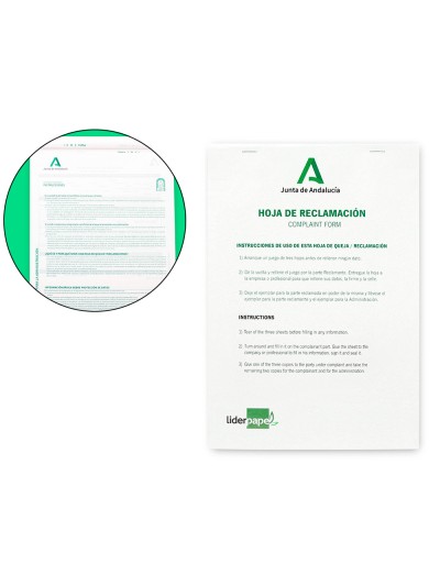 Libro liderpapel hojas de reclamaciones junta de andalucia din a4 25 juegos original + 2 copias