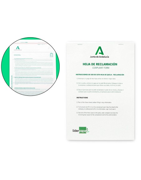 Libro liderpapel hojas de reclamaciones junta de andalucia din a4 25 juegos original + 2 copias