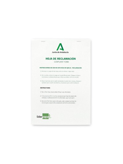 Libro liderpapel hojas de reclamaciones junta de andalucia din a4 25 juegos original + 2 copias
