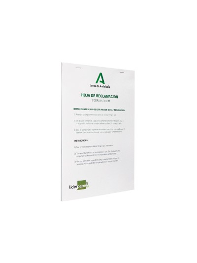 Libro liderpapel hojas de reclamaciones junta de andalucia din a4 25 juegos original + 2 copias