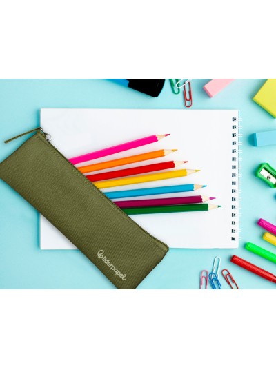 Estuche portatodo liderpapel plano estrecho una cremallera 200x60 mm verde militar