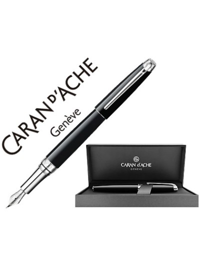Pluma caran d'ache leman ebony laca china negra adornos plateados rodiados plumin oro 18k rodiado con