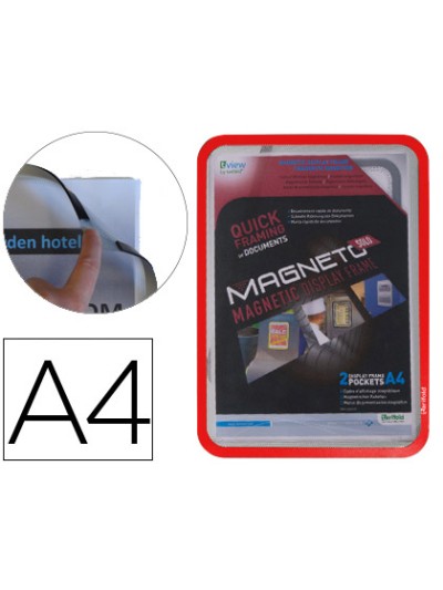Marco porta anuncios tarifold magneto din a4 con 4 bandas magneticas en el dorso color rojo pack de 2 unidades