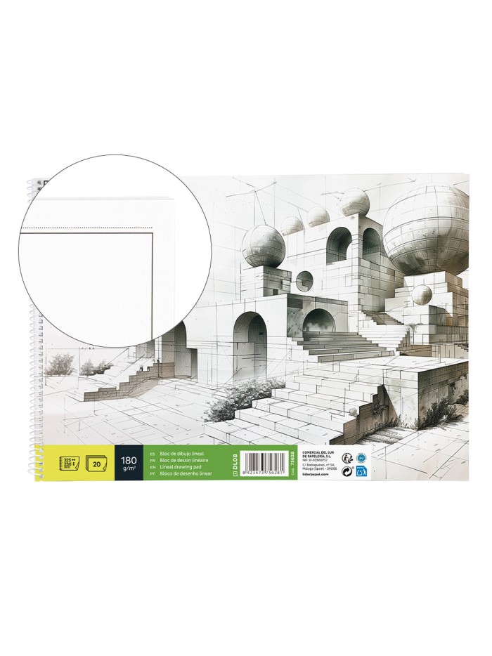 Bloc dibujo liderpapel lineal espiral 230x325mm 20 hojas 180 gr/m2 con recuadro perforado Bloc dibujo liderpapel lineal espiral 230x325mm 20 hojas 180 gr/m2 con recuadro perforado