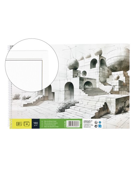 Bloc dibujo liderpapel lineal espiral 230x325mm 20 hojas 180 gr/m2 con recuadro perforado