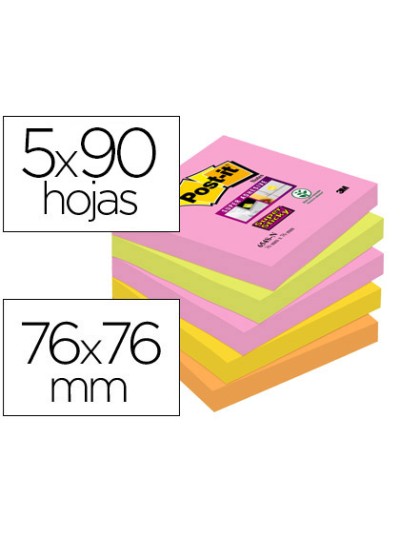 Bloc de notas adhesivas quita y pon post-it super sticky 76x76 mm con 90 hojas pack de 5 bloc colores surtidos