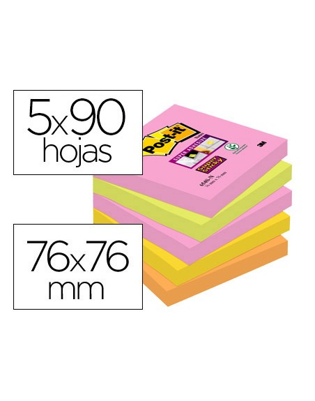 Bloc de notas adhesivas quita y pon post-it super sticky 76x76 mm con 90 hojas pack de 5 bloc colores surtidos