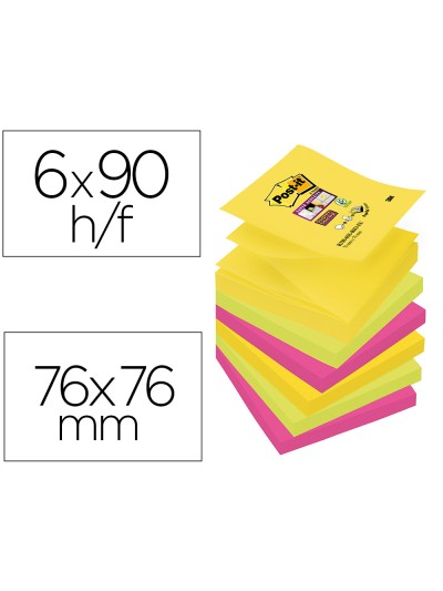 Bloc de notas adhesivas quita y pon post-it super sticky 76x76 mm con 90 hojas pack de 6 bloc colores surtidos