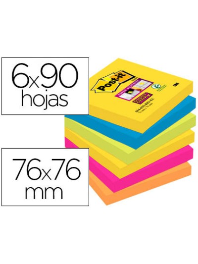 Bloc de notas adhesivas quita y pon post-it super sticky 76x76 mm con 90 hojas pack de 6 bloc colores surtidos
