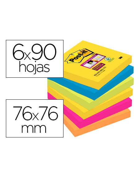 Bloc de notas adhesivas quita y pon post-it super sticky 76x76 mm con 90 hojas pack de 6 bloc colores surtidos