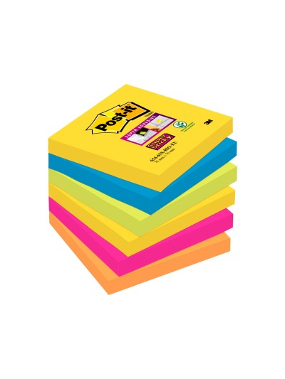 Bloc de notas adhesivas quita y pon post-it super sticky 76x76 mm con 90 hojas pack de 6 bloc colores surtidos