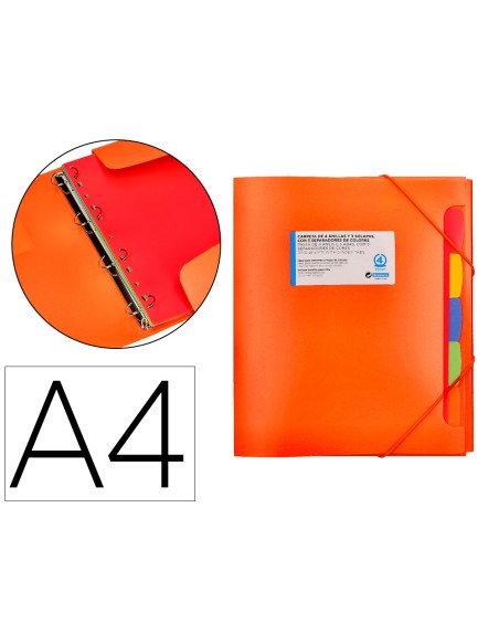 Carpeta beautone 4 anillas 25 mm con 5 separadores 3 solapas cierre gomas polipropileno din a4 color naranja