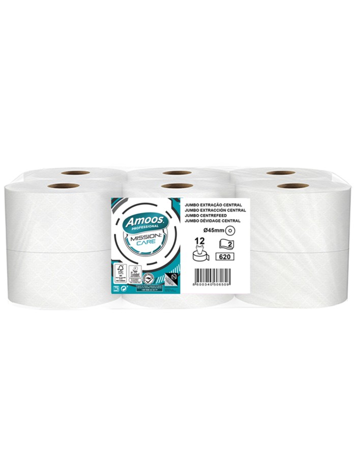 Papel higienico amoos jumbo industrial mission care extraccion central 2 capas 33g/m2 paquete de 12 rollos Papel higienico amoos jumbo industrial mission care extraccion central 2 capas 33g/m2 paquete de 12 rollos